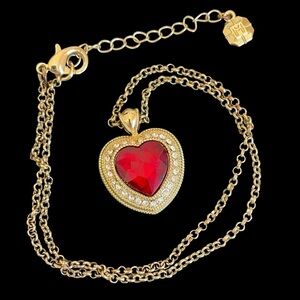 Vintage Monet Gold Plated Red Heart Pendant Necklace With Clear Rhinestones
